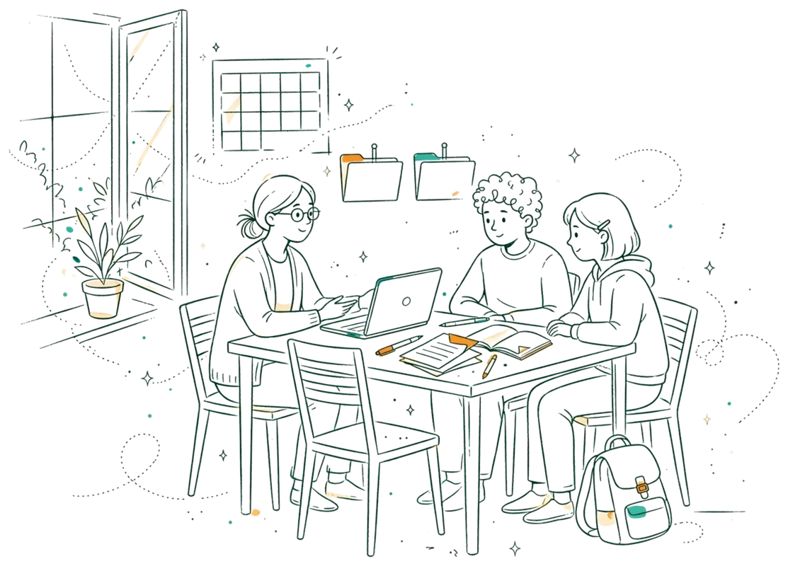 Dessin au trait : coaching CV avec deux étudiants