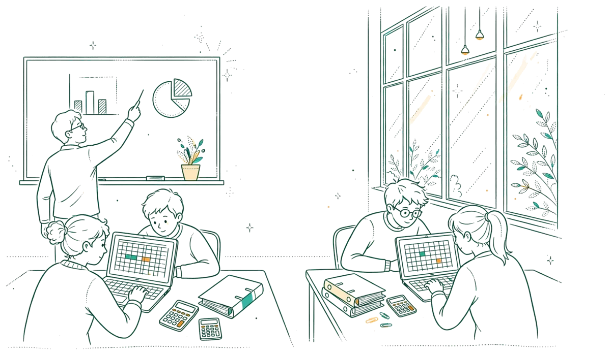 Dessin au trait : cours de comptabilité avec étudiants sur ordinateurs