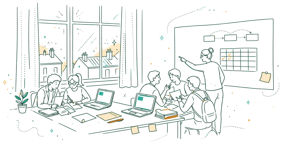 Dessin au trait : travail en groupe sur des cas RH en classe