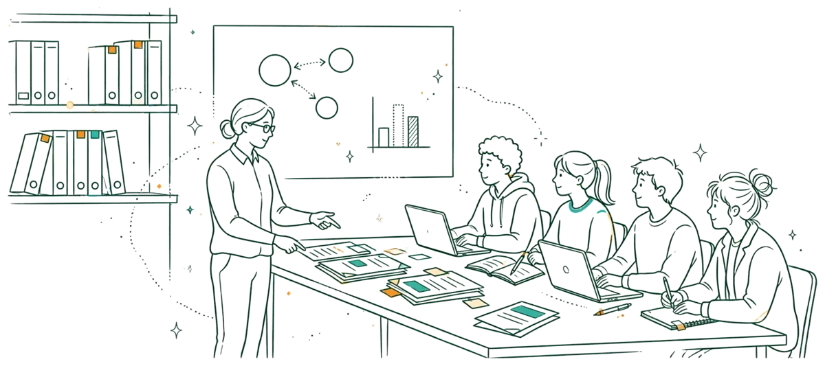 Dessin au trait : professionnel en atelier avec étudiants