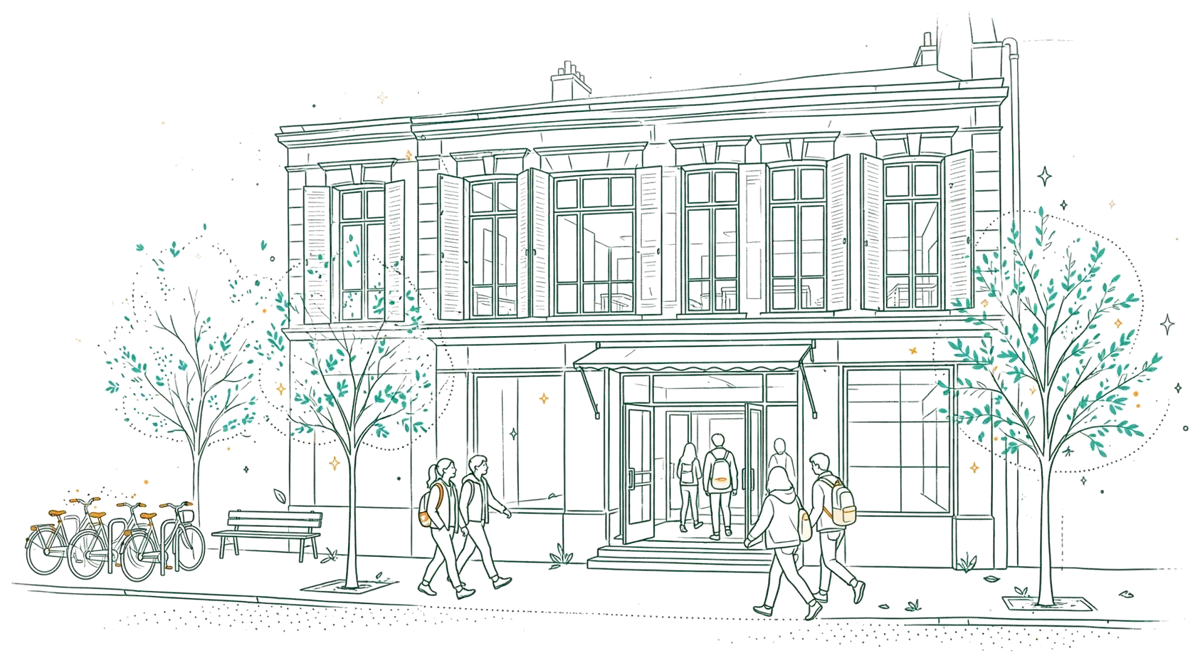 Dessin au trait : entrée de l’école avec des étudiants qui arrivent en cours