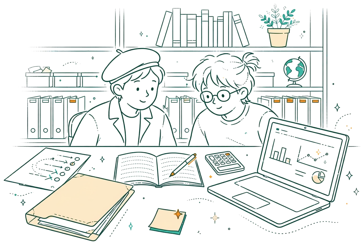 Dessin au trait : bureau avec plan commercial et tableau de bord