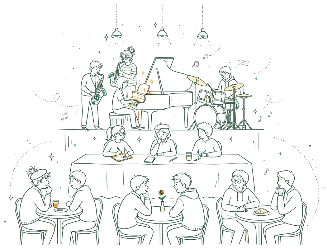 Dessin au trait : concert d’élèves dans un club parisien
