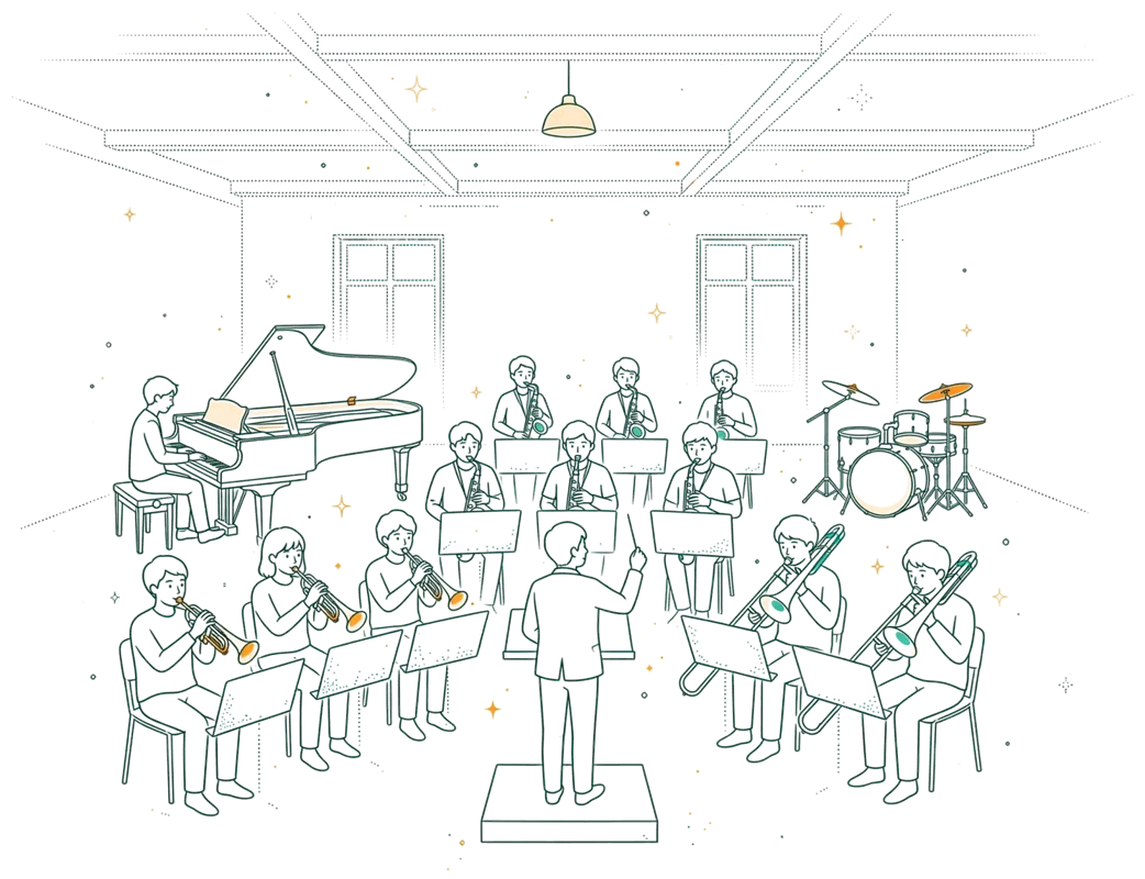 Dessin au trait : répétition du Big Band avec pupitres