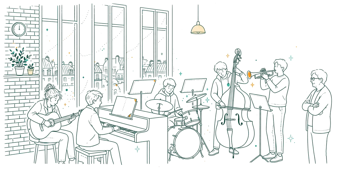 Dessin au trait : cours d’ensemble avec cinq musiciens
