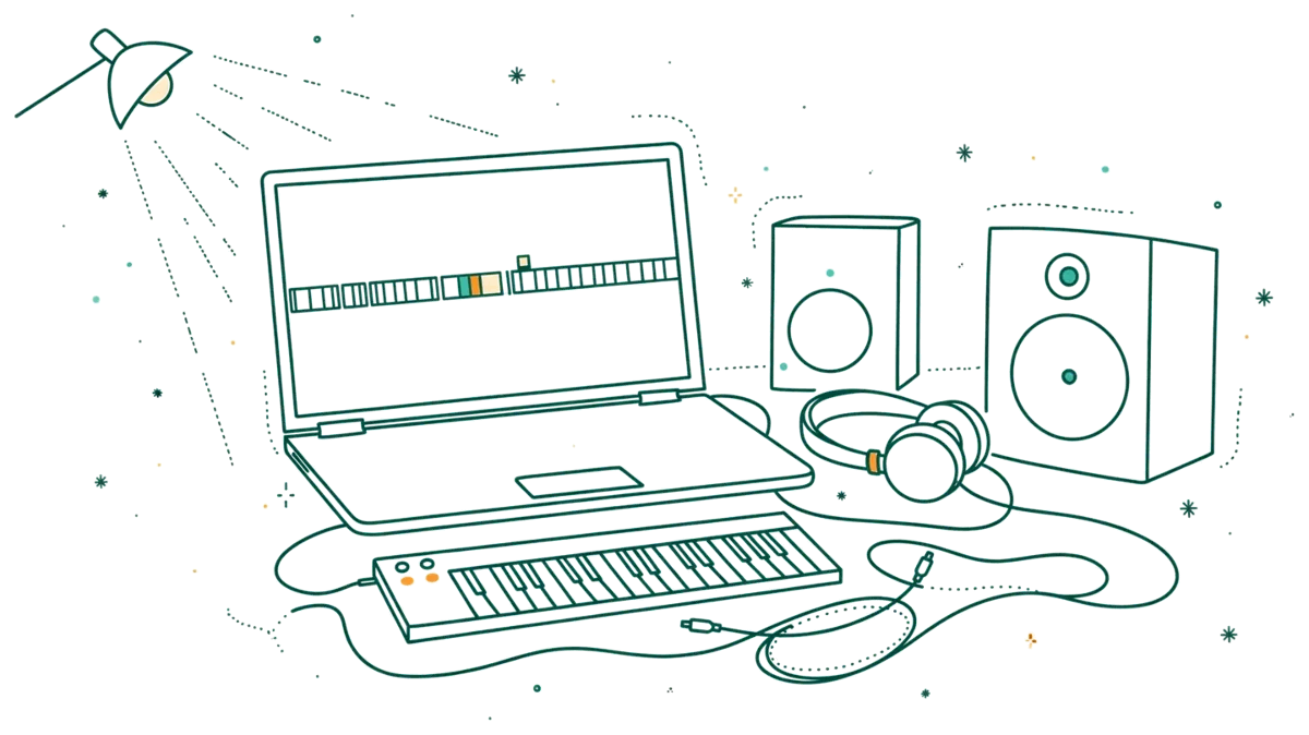 Dessin au trait : poste de MAO avec clavier et casque