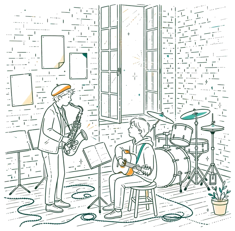 Dessin au trait : élève au saxophone en salle de répétition