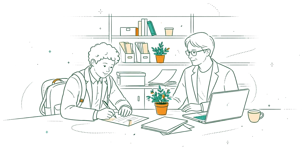 Dessin au trait : signature d’un contrat d’apprentissage en entreprise