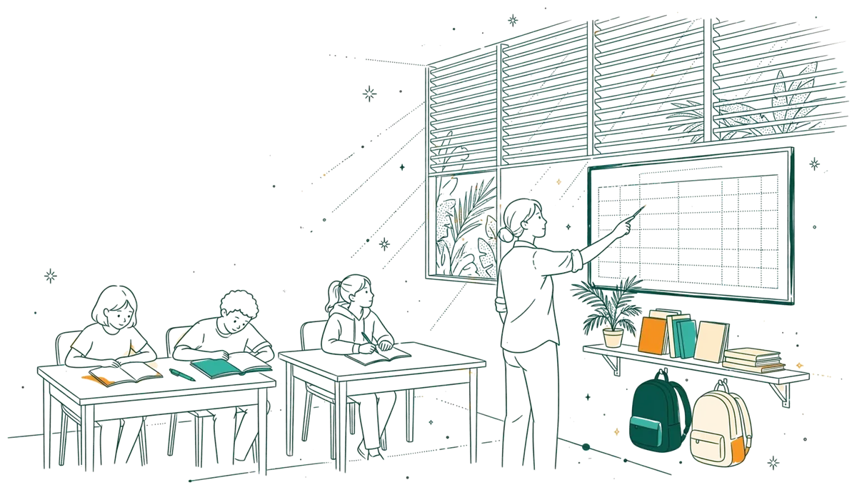 Dessin au trait : étudiants en travail social en salle de cours