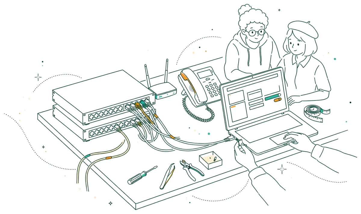 Dessin au trait : switchs, câbles réseau et téléphone IP sur un plan de travail