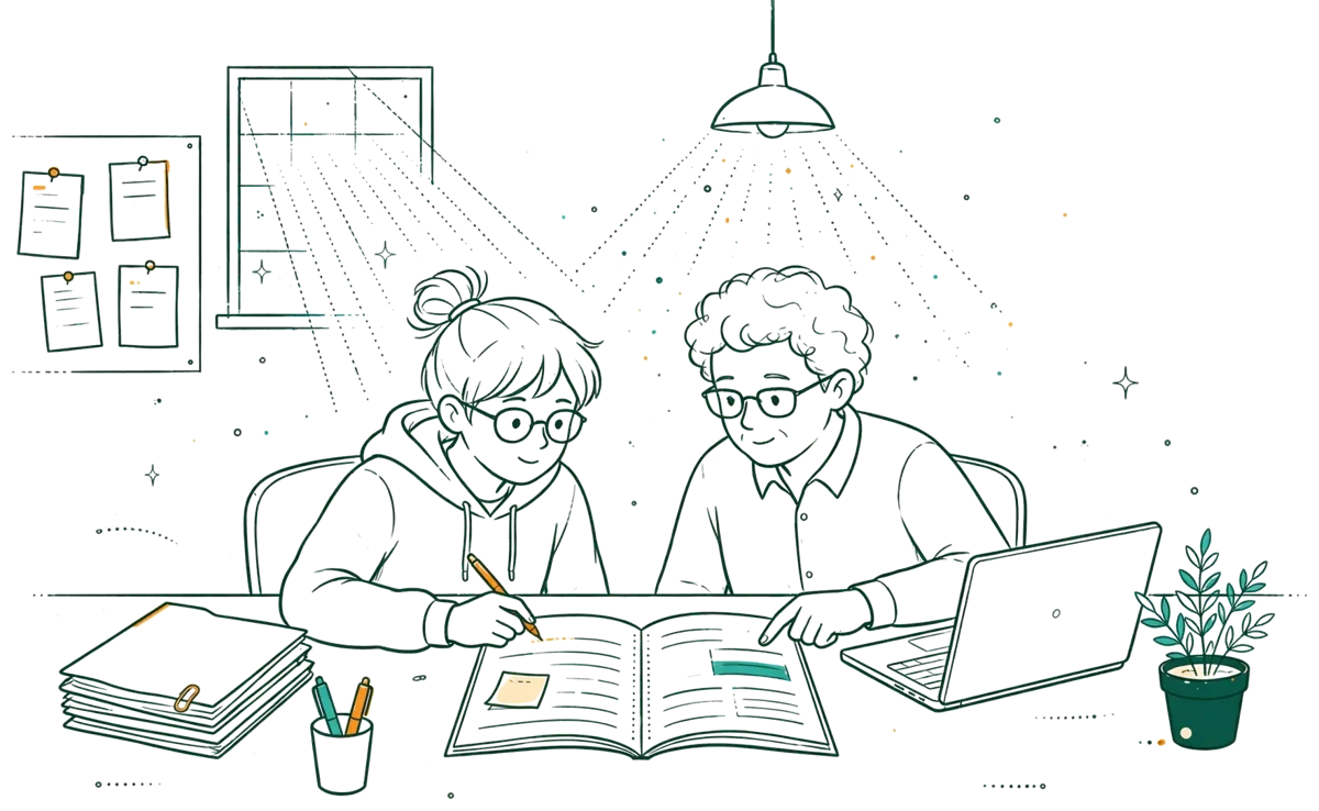 Dessin au trait : apprenti accompagné par son tuteur en entreprise