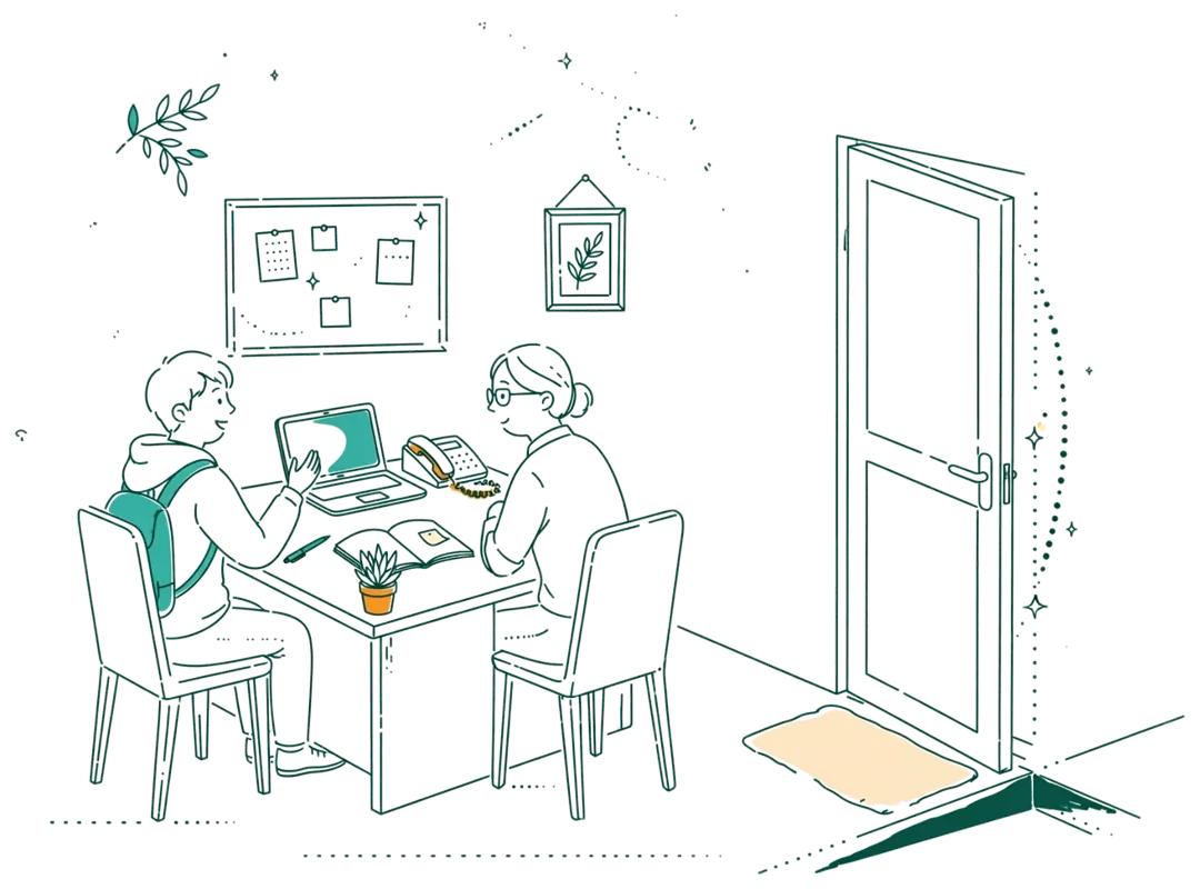 Dessin au trait : bureau d’accueil pour accompagnement handicap