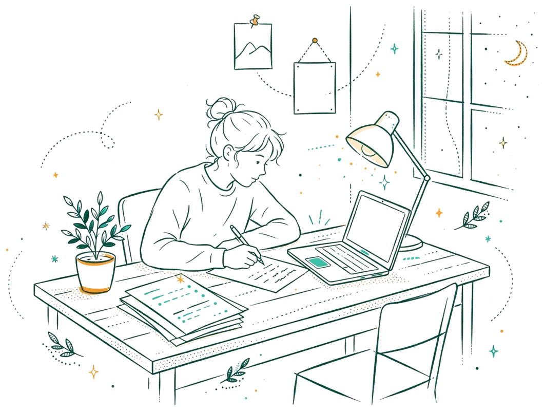 Dessin au trait : étudiante rédigeant sa lettre de motivation sur ordinateur