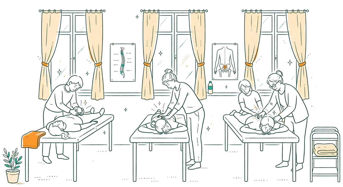 Dessin au trait : salle de pratique avec étudiants en binôme sur tables