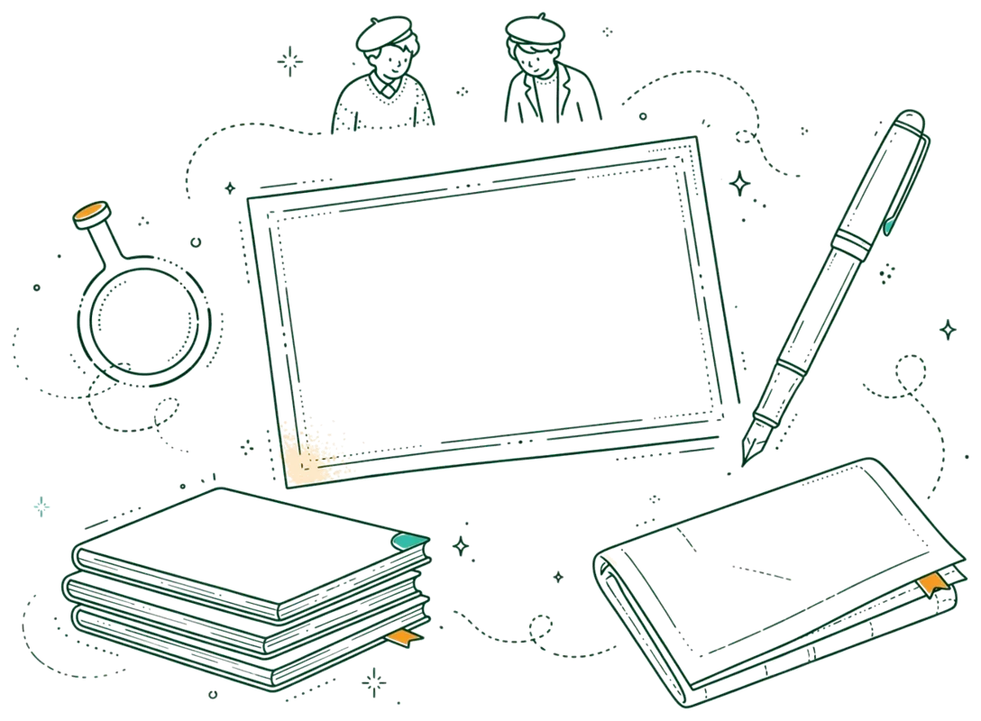 Dessin au trait : un certificat et des carnets sur un bureau.