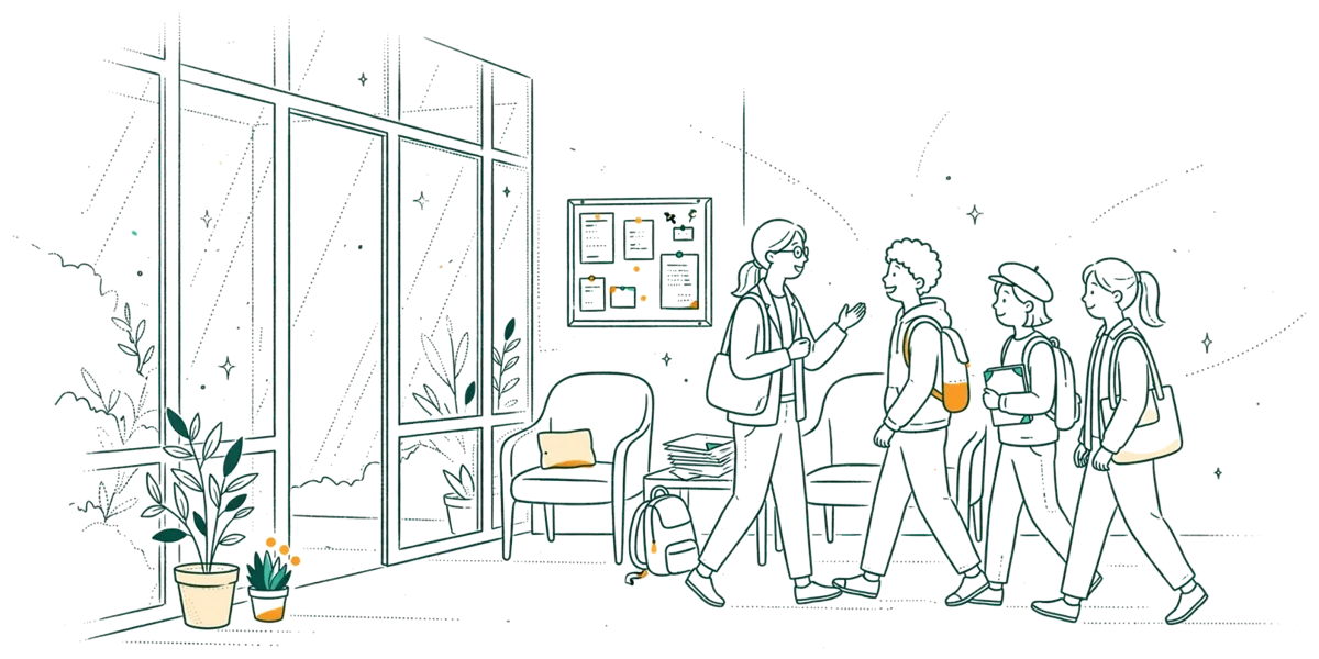 Dessin au trait : visite d’une structure sociale avec un éducateur