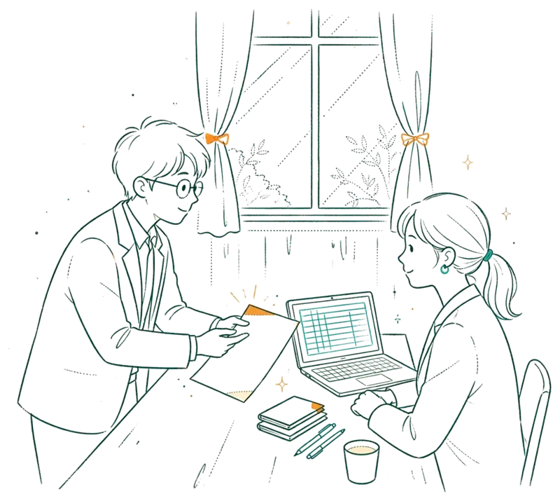 Dessin au trait : étudiant prospectant par téléphone au bureau