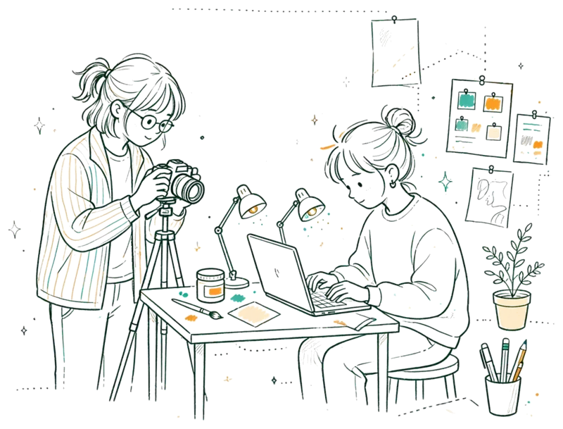 Dessin au trait : étudiants qui préparent un événement de communication