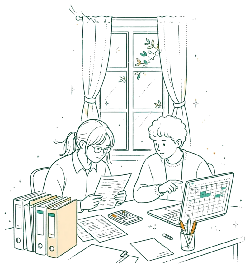Dessin au trait : bureau comptable avec factures et calculatrice