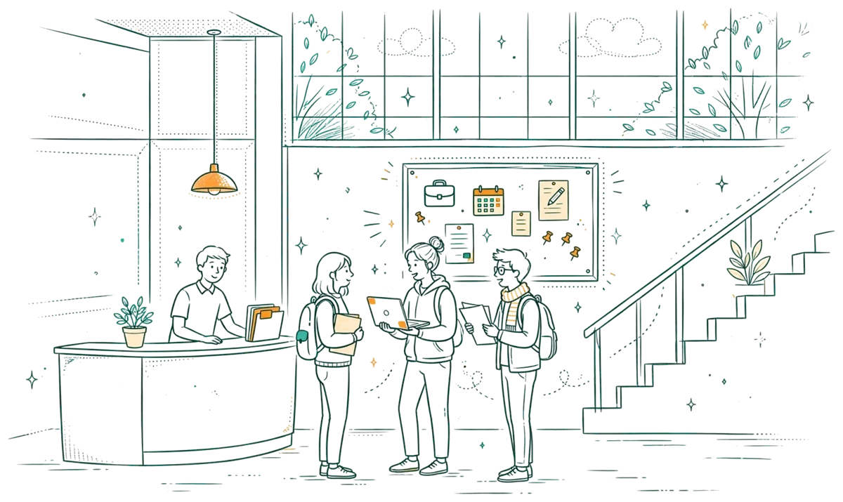 Dessin au trait : hall d’accueil animé d’une école supérieure