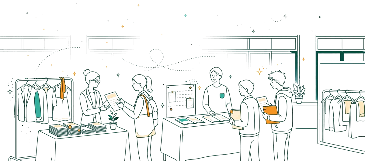 Dessin au trait : salon de l’emploi avec stands et étudiants