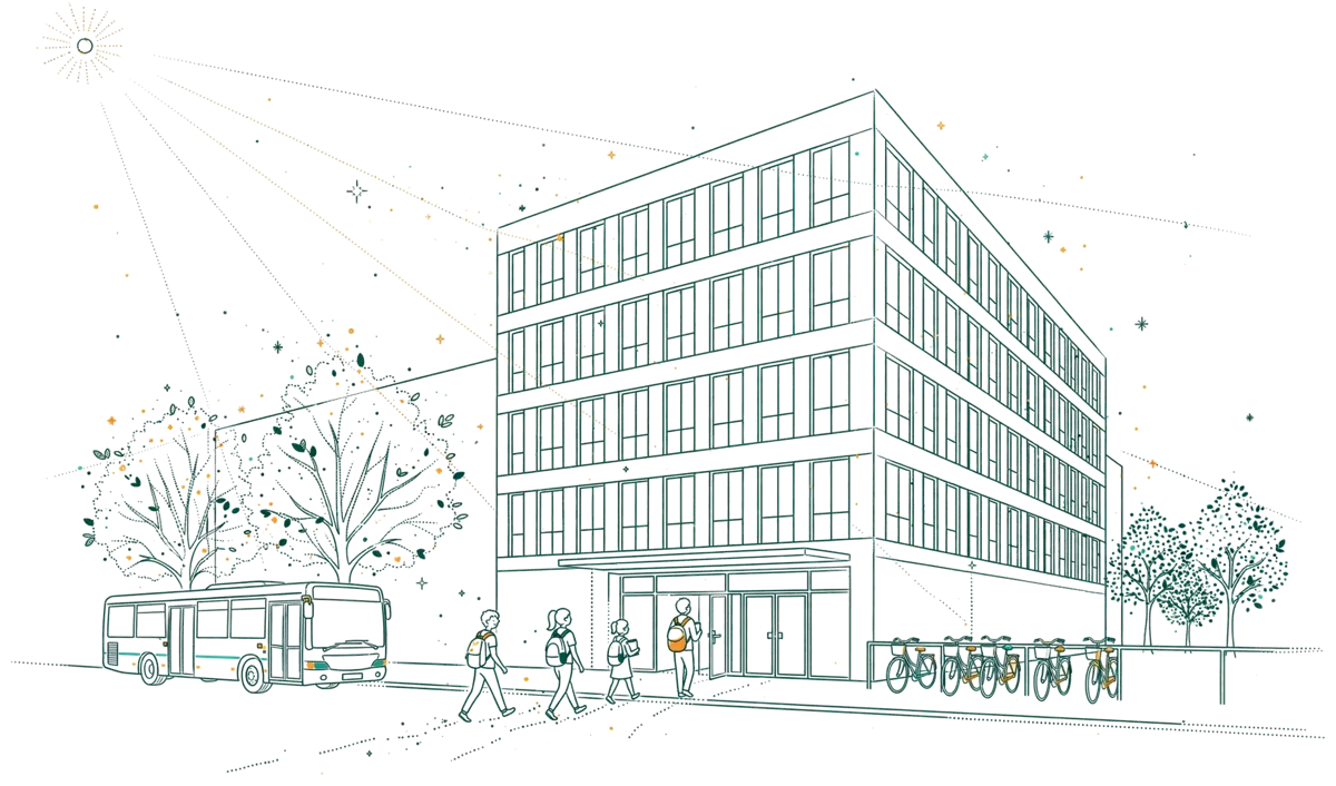 Dessin au trait : bâtiment du campus d’Ivry avec étudiants