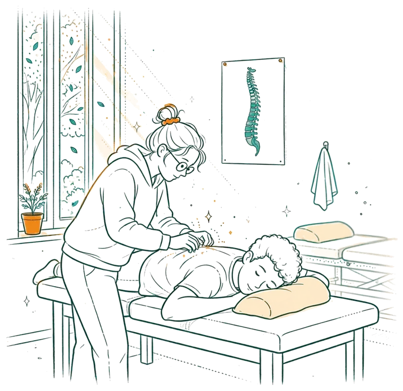 Dessin au trait : étudiant qui pratique un ajustement sur table