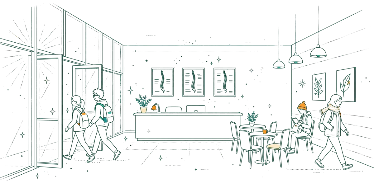 Dessin au trait : hall d accueil de l école avec étudiants.