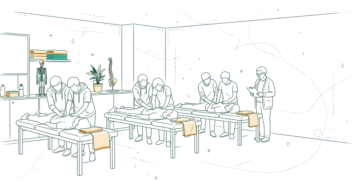 Dessin au trait : salle de travaux pratiques avec tables