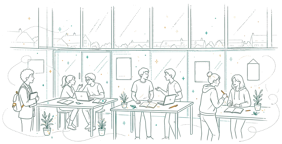Dessin au trait : étudiants qui échangent dans le hall inter-écoles