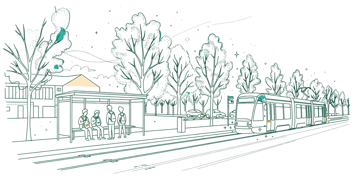 Dessin au trait : étudiants au tram près de l’école et du parking
