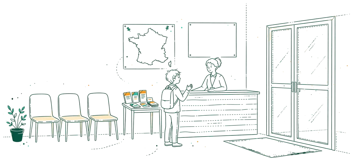 Dessin au trait : accueil de l’école avec étudiante et équipe