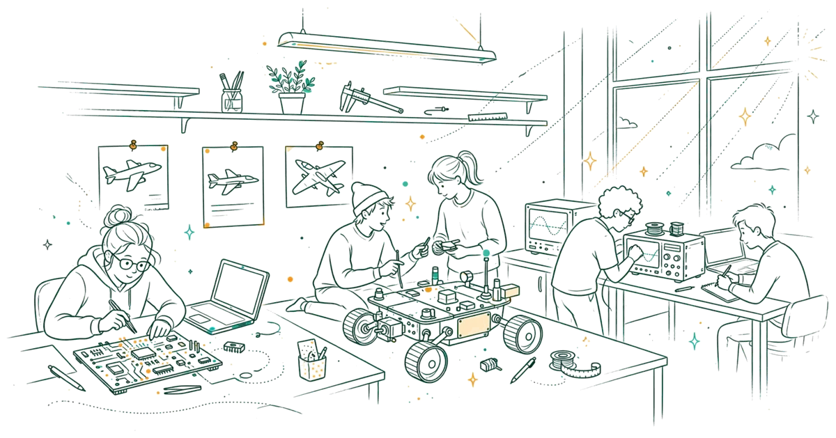 Dessin au trait : étudiants en travaux pratiques en laboratoire