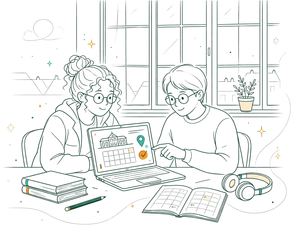 Dessin au trait : deux étudiants avec ordinateur et manuels bilingues