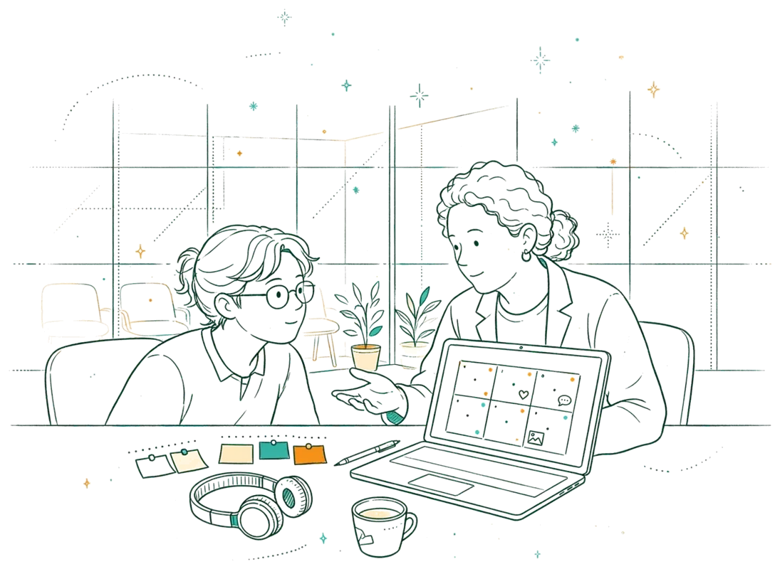 Dessin au trait : apprenti et mentor autour d’un planning digital
