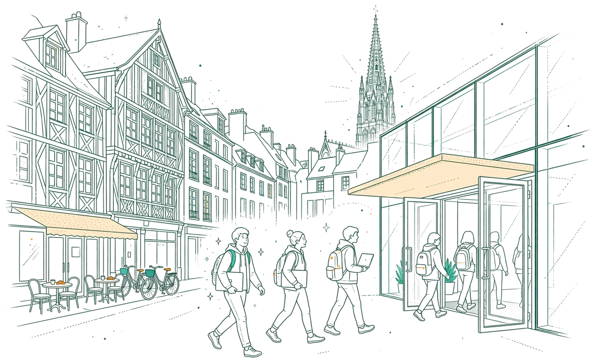 Dessin au trait : étudiants entrant dans le campus en centre historique