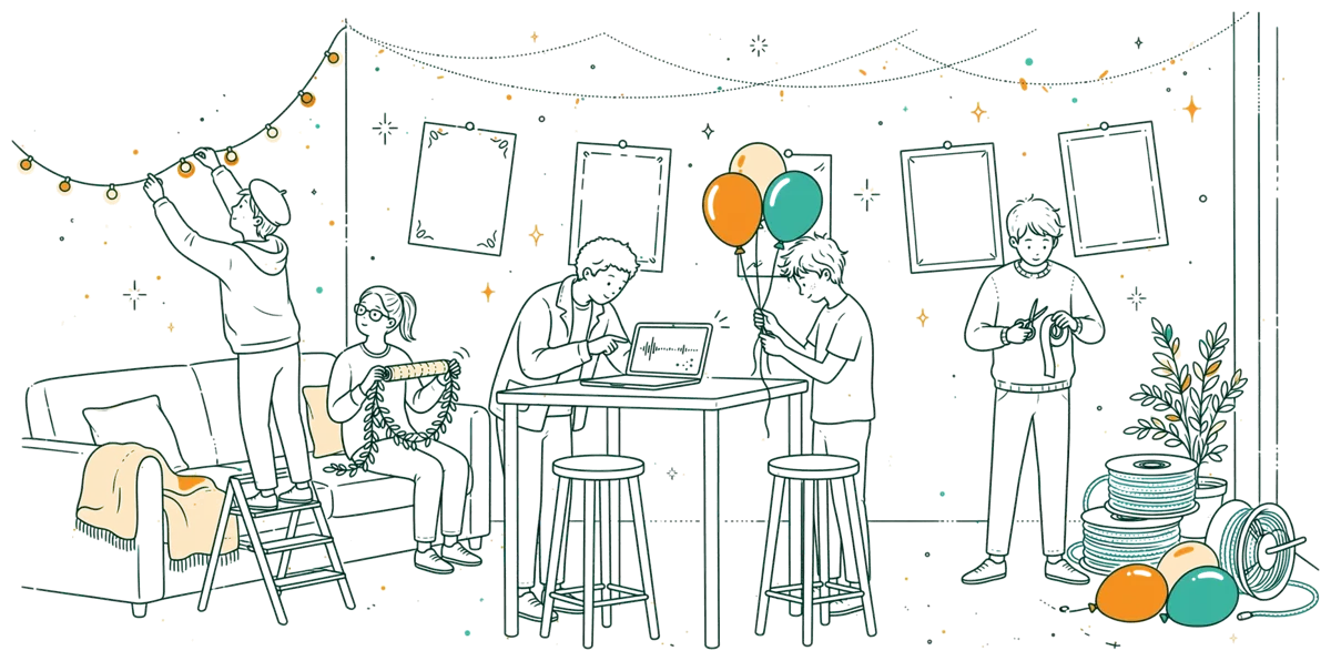 Dessin au trait : étudiants préparant un événement dans le lounge