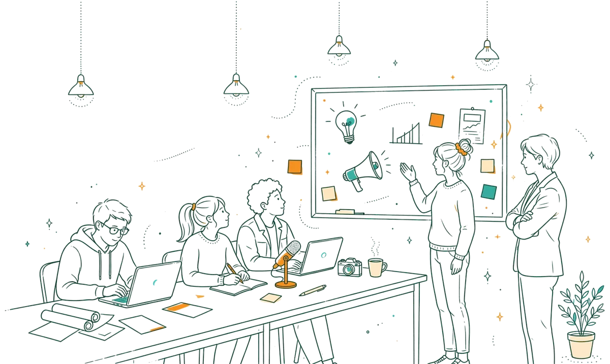 Dessin au trait : étudiants en plein pitch devant un tableau d’idées