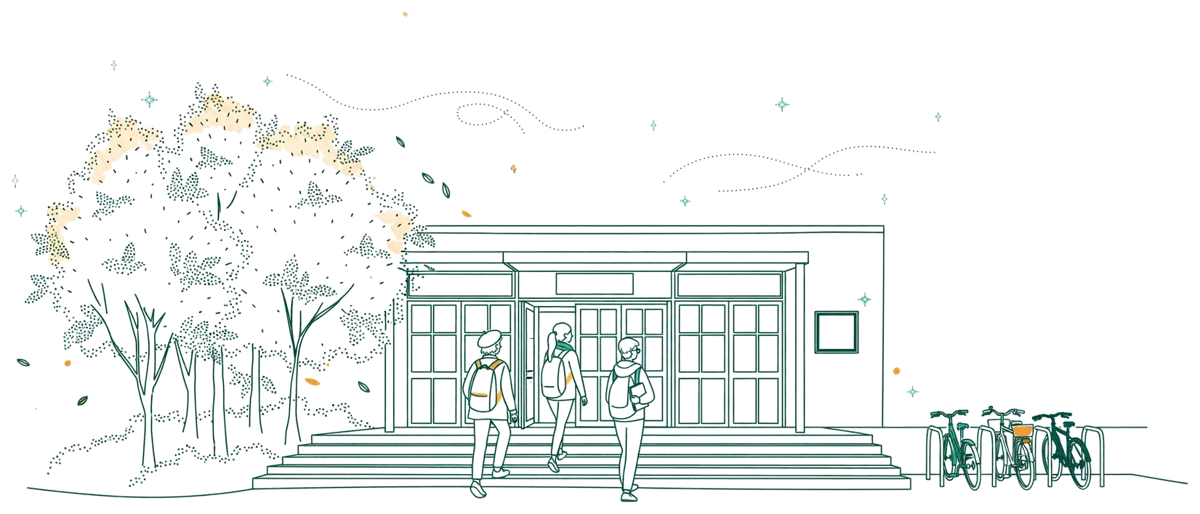 Dessin au trait : entrée du bâtiment du campus
