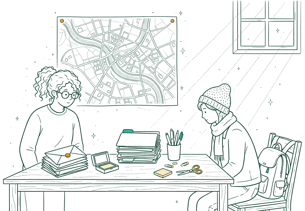 Dessin au trait : dossiers de candidature sur un bureau