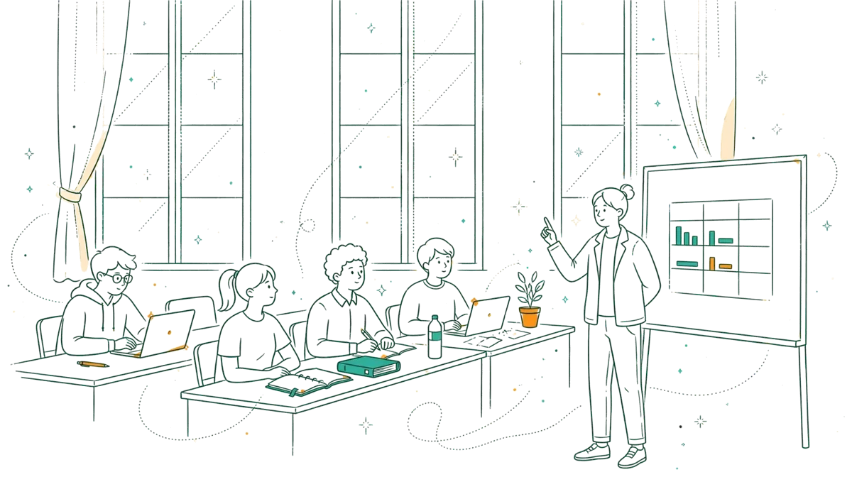 Dessin au trait : des apprentis en cours avec un formateur.