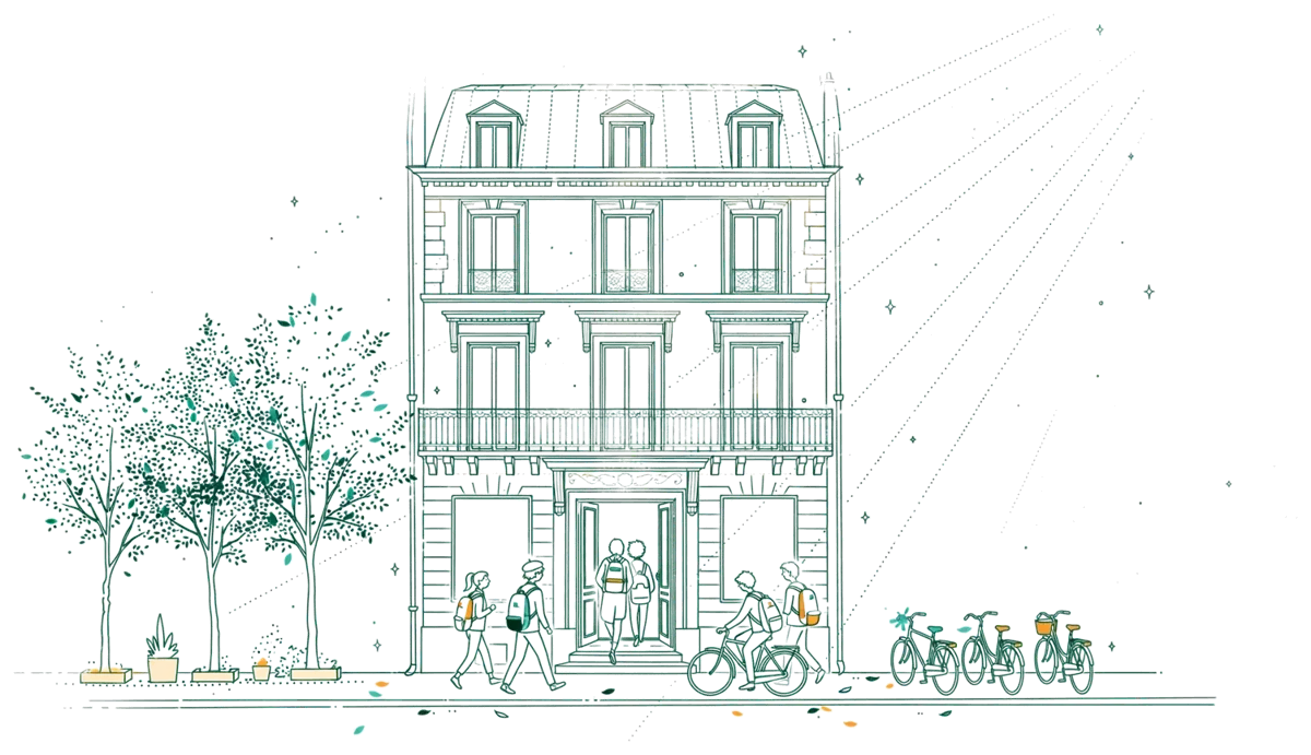 Dessin au trait : entrée d’un bâtiment parisien avec étudiants