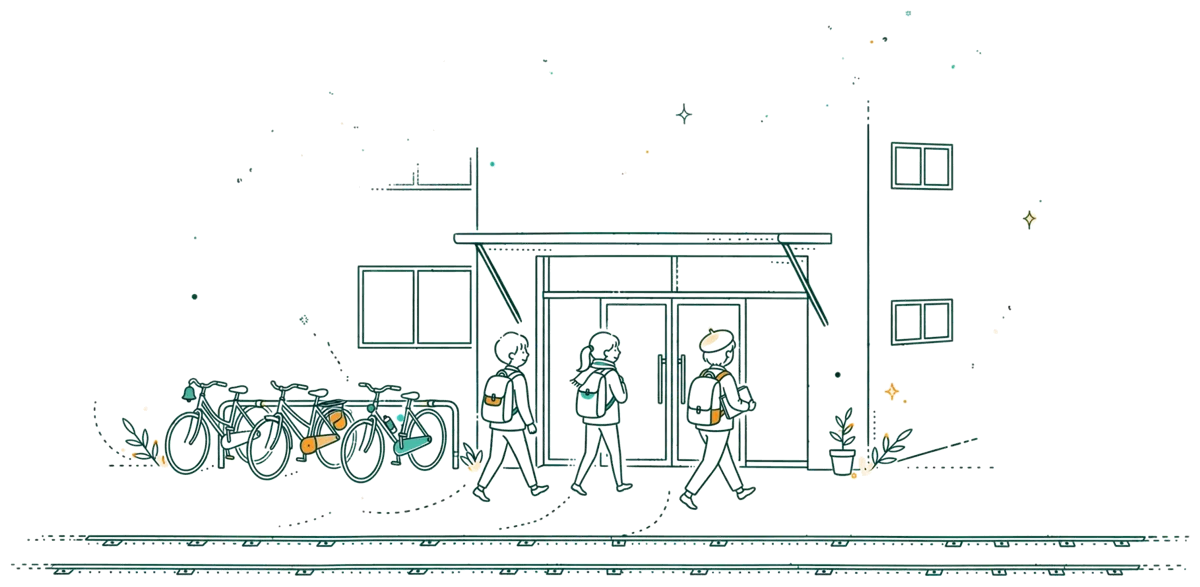 Dessin au trait : entrée d’école en centre-ville avec étudiants