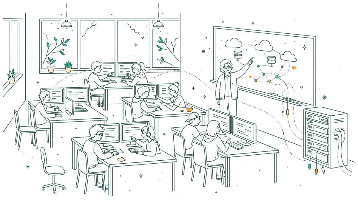 Dessin au trait : étudiants en travaux pratiques dans une salle informatique