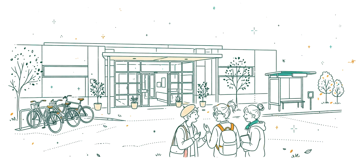 Dessin au trait : entrée du campus avec étudiants et vélos