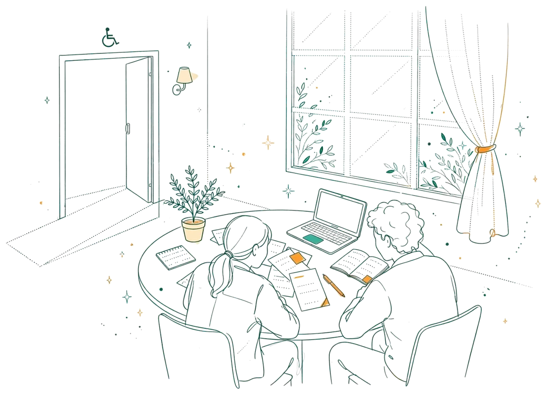 Dessin au trait : entretien d’accompagnement dans un petit bureau.