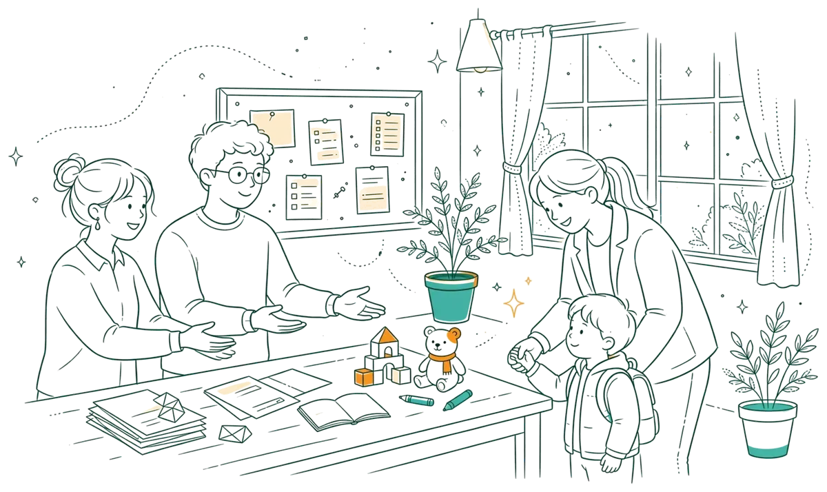 Dessin au trait : professionnels accueillant des familles au bureau