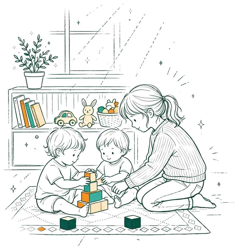Dessin au trait : étudiants en salle de jeux avec enfants