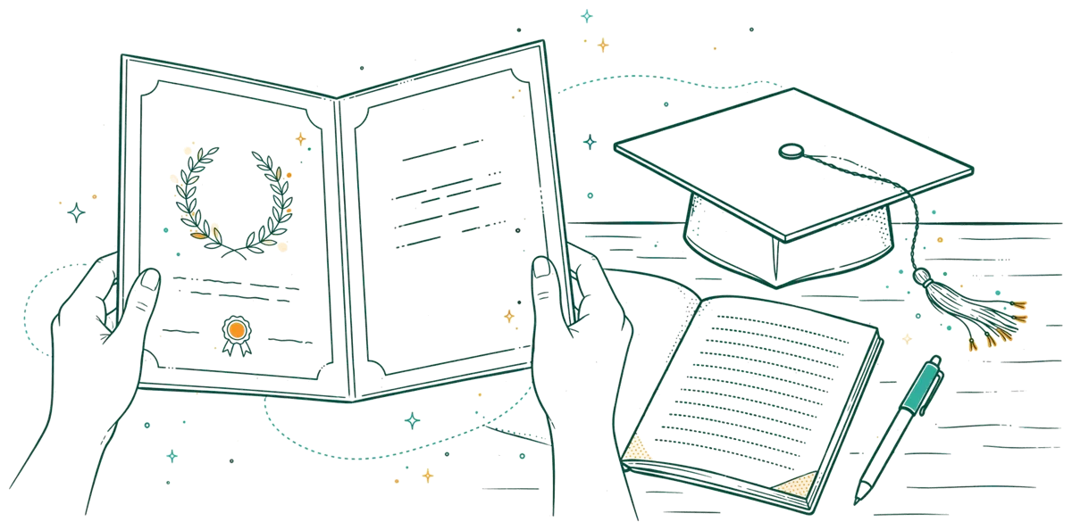 Dessin au trait : dossier diplôme et chapeau de licence sur bureau