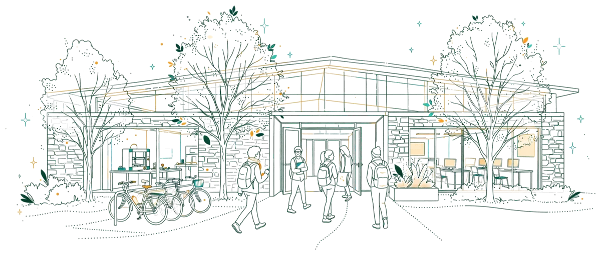 Dessin au trait : hall lumineux du campus avec ateliers ouverts